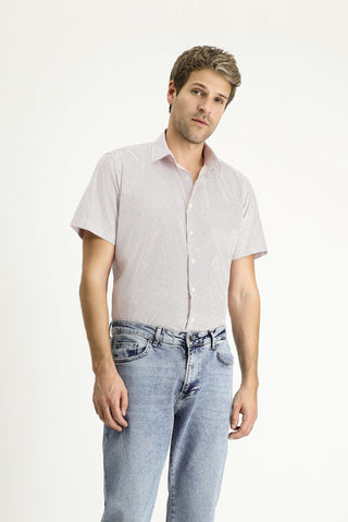  Mercan Kırmızı Kısa Kol Slim Fit Dar Kesim Baskılı Pamuk Gömlek