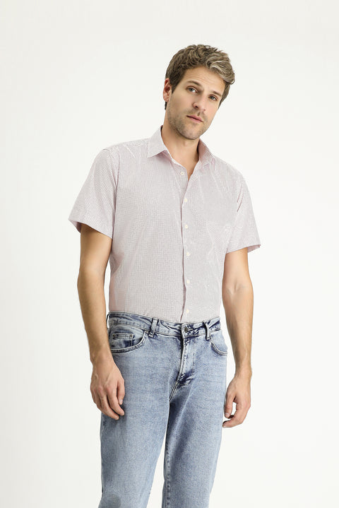 Mercan Kırmızı Kısa Kol Slim Fit Dar Kesim Baskılı Pamuk Gömlek