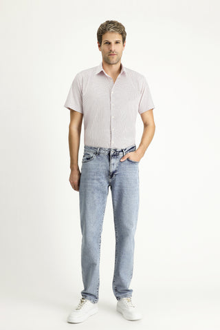  Mercan Kırmızı Kısa Kol Slim Fit Dar Kesim Baskılı Pamuk Gömlek