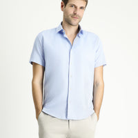 Açık Mavi Kısa Kol Slim Fit Dar Kesim Desenli Pamuklu Kolay Ütülenebilir Gömlek