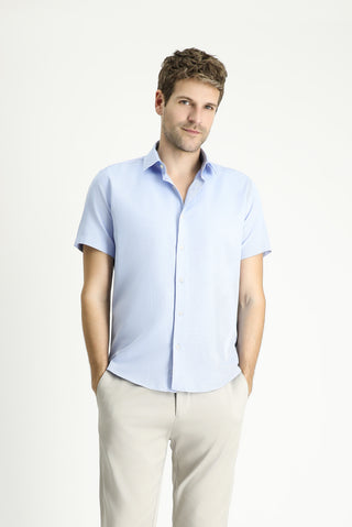  Açık Mavi Kısa Kol Slim Fit Dar Kesim Desenli Pamuklu Kolay Ütülenebilir Gömlek