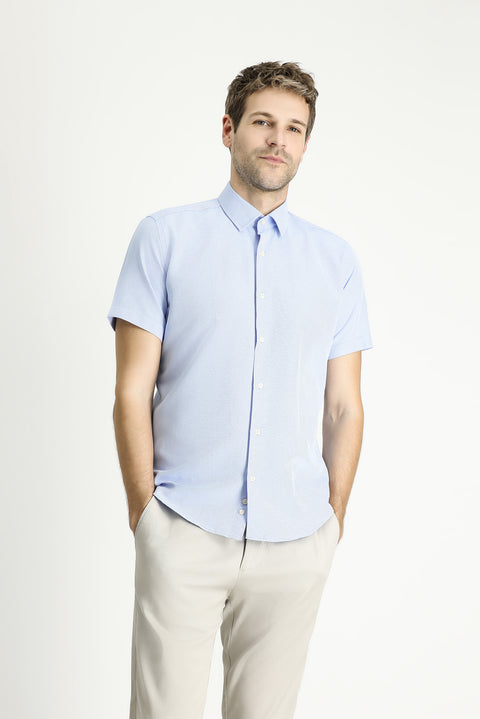 Açık Mavi Kısa Kol Slim Fit Dar Kesim Desenli Pamuklu Kolay Ütülenebilir Gömlek