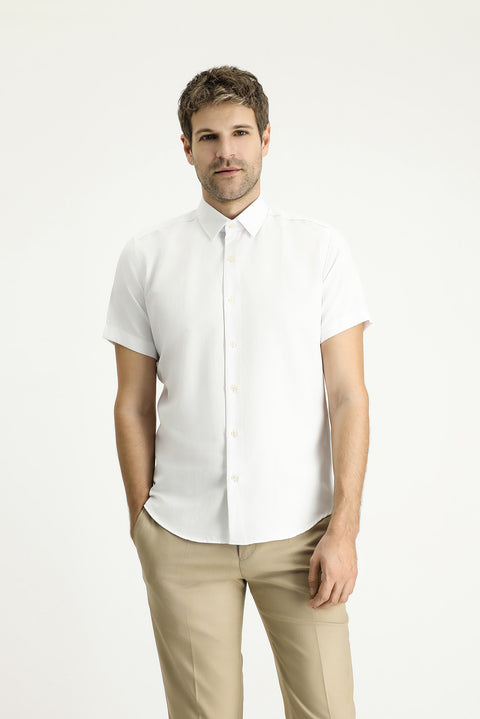 Beyaz Kısa Kol Slim Fit Dar Kesim Desenli Pamuklu Kolay Ütülenebilir Gömlek