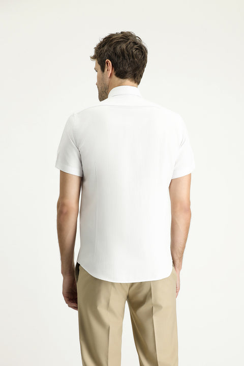 Beyaz Kısa Kol Slim Fit Dar Kesim Desenli Pamuklu Kolay Ütülenebilir Gömlek