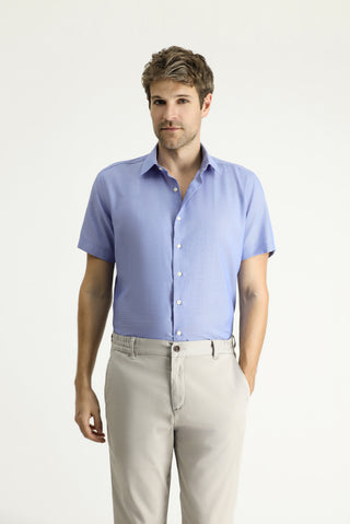  Koyu Mavi  Kısa Kol Slim Fit Dar Kesim Desenli Pamuklu Kolay Ütülenebilir Gömlek