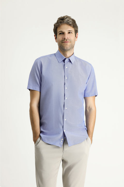 Koyu Mavi  Kısa Kol Slim Fit Dar Kesim Desenli Pamuklu Kolay Ütülenebilir Gömlek