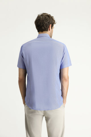  Koyu Mavi  Kısa Kol Slim Fit Dar Kesim Desenli Pamuklu Kolay Ütülenebilir Gömlek