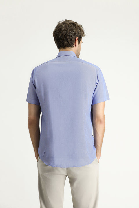 Koyu Mavi  Kısa Kol Slim Fit Dar Kesim Desenli Pamuklu Kolay Ütülenebilir Gömlek