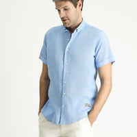 Açık Mavi Kısa Kol Slim Fit Dar Kesim Desenli Spor Keten Karışımlı Gömlek