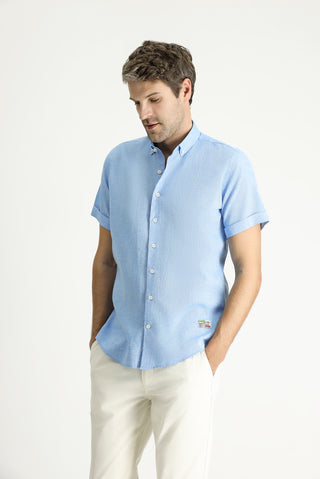  Açık Mavi Kısa Kol Slim Fit Dar Kesim Desenli Spor Keten Karışımlı Gömlek