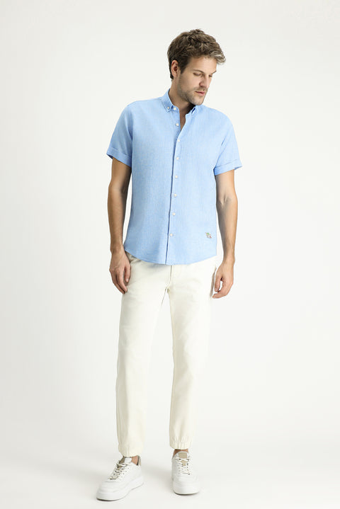 Açık Mavi Kısa Kol Slim Fit Dar Kesim Desenli Spor Keten Karışımlı Gömlek