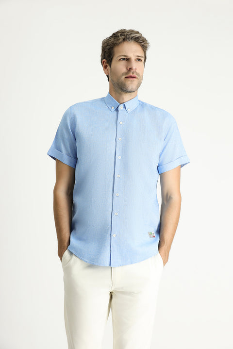 Açık Mavi Kısa Kol Slim Fit Dar Kesim Desenli Spor Keten Karışımlı Gömlek
