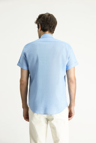 Açık Mavi Kısa Kol Slim Fit Dar Kesim Desenli Spor Keten Karışımlı Gömlek