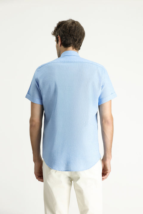 Açık Mavi Kısa Kol Slim Fit Dar Kesim Desenli Spor Keten Karışımlı Gömlek