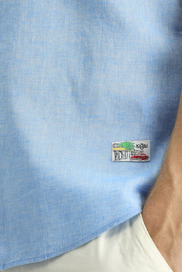 Açık Mavi Kısa Kol Slim Fit Dar Kesim Desenli Spor Keten Karışımlı Gömlek