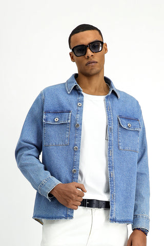  Koyu Mavi  Slim Fit Dar Kesim Denim Pamuklu Gömlek / Mont