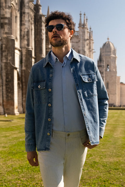 Koyu Mavi  Slim Fit Dar Kesim Denim Pamuklu Gömlek / Mont