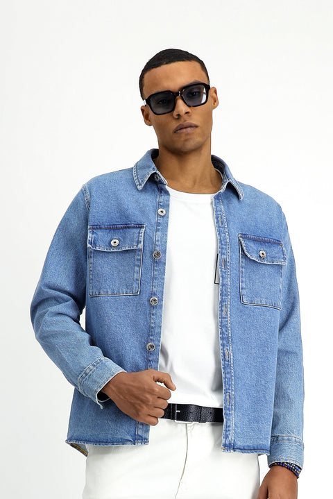 Koyu Mavi  Slim Fit Dar Kesim Denim Pamuklu Gömlek / Mont