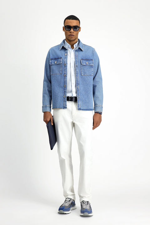 Koyu Mavi  Slim Fit Dar Kesim Denim Pamuklu Gömlek / Mont