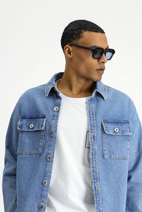 Koyu Mavi  Slim Fit Dar Kesim Denim Pamuklu Gömlek / Mont