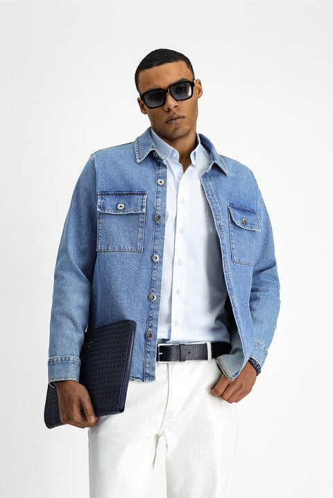 Koyu Mavi  Slim Fit Dar Kesim Denim Pamuklu Gömlek / Mont