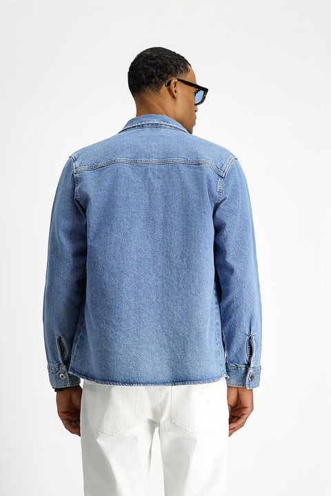 Koyu Mavi  Slim Fit Dar Kesim Denim Pamuklu Gömlek / Mont