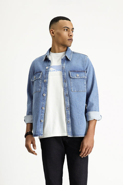 Koyu Mavi  Slim Fit Dar Kesim Denim Pamuklu Gömlek / Mont