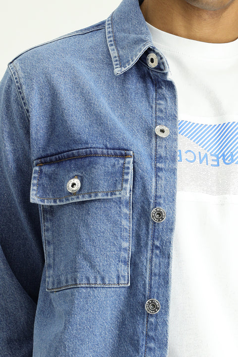 Koyu Mavi  Slim Fit Dar Kesim Denim Pamuklu Gömlek / Mont