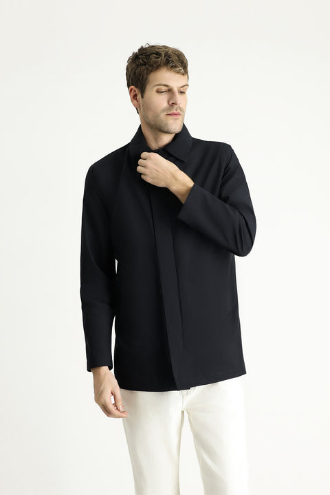 Koyu Lacivert Kapüşonlu Klasik Pardösü & Trençkot