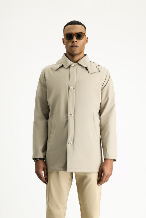 Açık Bej Kapüşonlu Klasik Pardösü & Trençkot