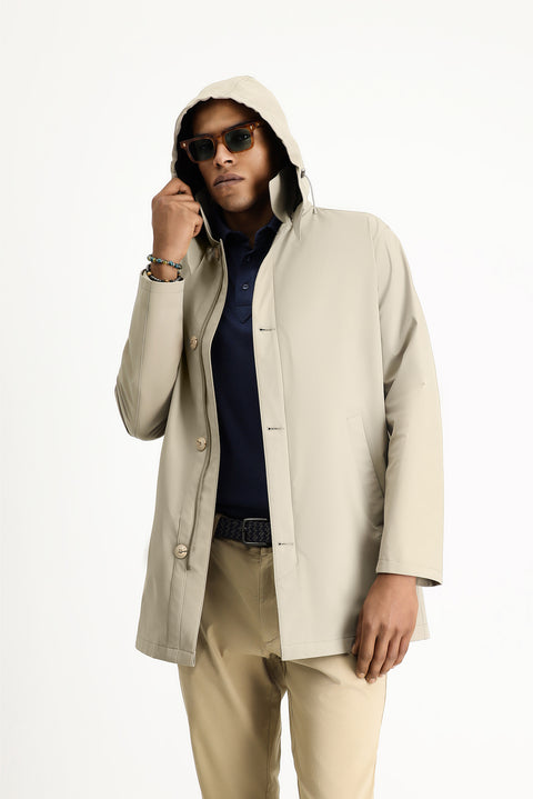 Açık Bej Kapüşonlu Klasik Pardösü & Trençkot