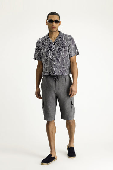  Siyah Relaxed Fit Rahat Kesim Keten Bermuda Şort