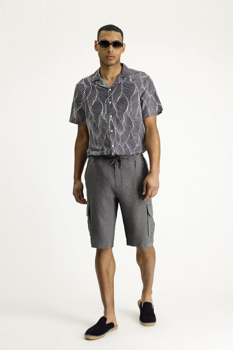 Siyah Relaxed Fit Rahat Kesim Keten Bermuda Şort