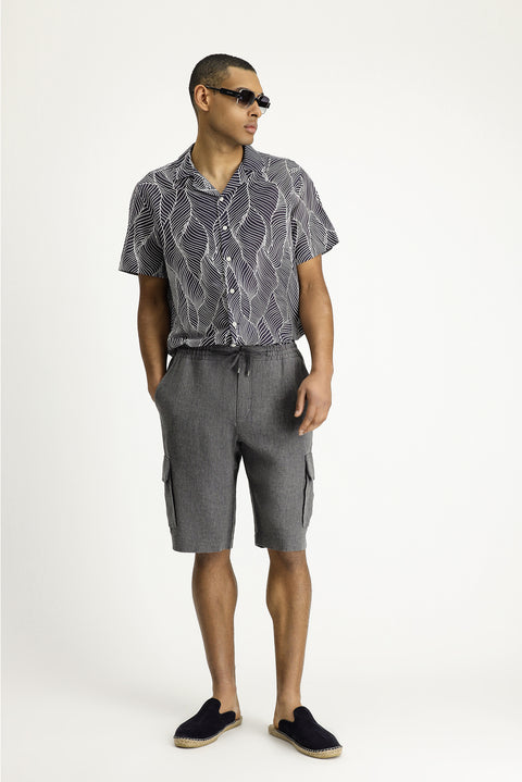 Siyah Relaxed Fit Rahat Kesim Keten Bermuda Şort