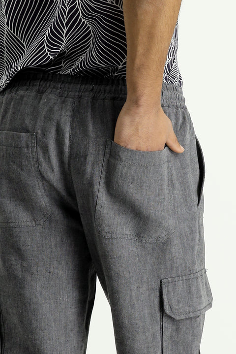 Siyah Regular Fit Standart Kesim Keten Bermuda Şort