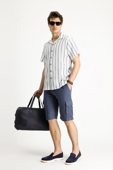  Orta Lacivert Relaxed Fit Rahat Kesim Keten Bermuda Şort