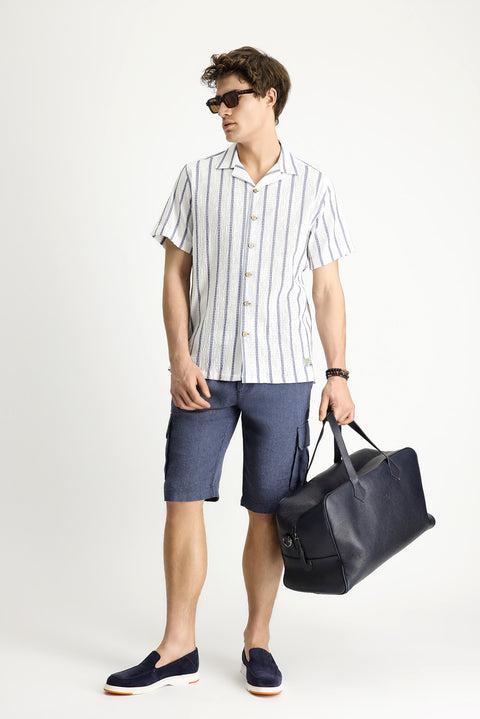 Orta Lacivert Relaxed Fit Rahat Kesim Keten Bermuda Şort