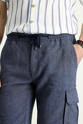  Orta Lacivert 6 Drop Regular Fit Standart Kesim Keten Bermuda Şort