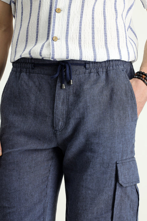 Orta Lacivert Relaxed Fit Rahat Kesim Keten Bermuda Şort