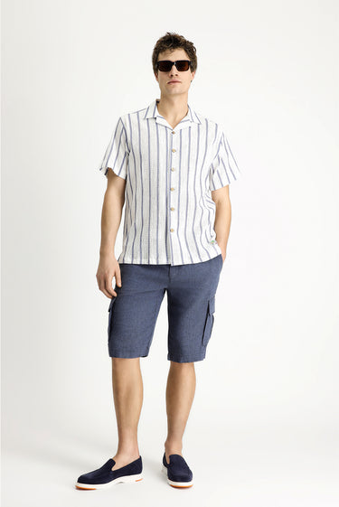  Orta Lacivert Relaxed Fit Rahat Kesim Keten Bermuda Şort