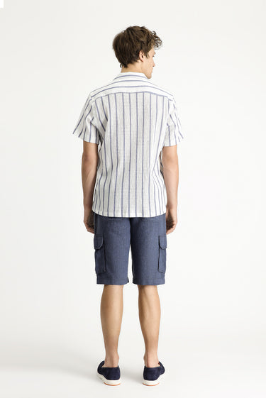 Orta Lacivert Relaxed Fit Rahat Kesim Keten Bermuda Şort