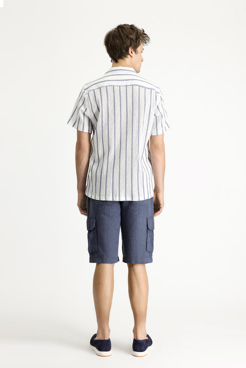 Orta Lacivert 4 Drop Relaxed Fit Rahat Kesim Keten Bermuda Şort