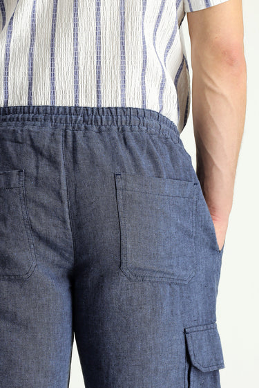 Orta Lacivert Relaxed Fit Rahat Kesim Keten Bermuda Şort