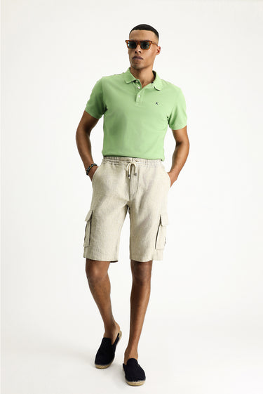 Orta Bej 4 Drop Relaxed Fit Rahat Kesim Keten Bermuda Şort