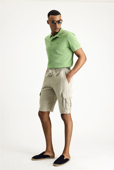 Orta Bej 4 Drop Relaxed Fit Rahat Kesim Keten Bermuda Şort