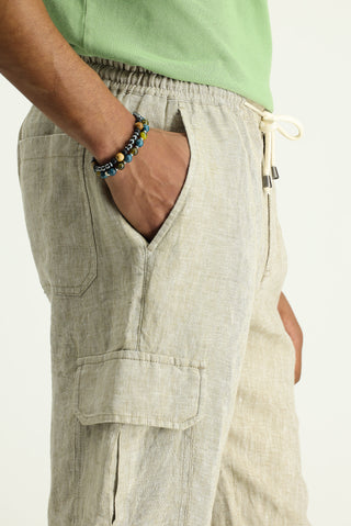  Orta Bej 4 Drop Relaxed Fit Rahat Kesim Keten Bermuda Şort