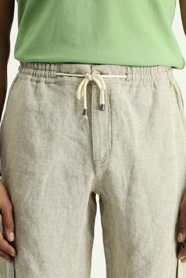 Orta Bej 4 Drop Relaxed Fit Rahat Kesim Keten Bermuda Şort