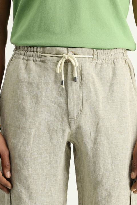Orta Bej Relaxed Fit Rahat Kesim Keten Bermuda Şort