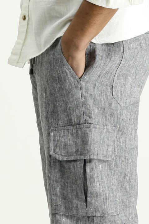 Orta Antrasit 4 Drop Relaxed Fit Rahat Kesim Keten Bermuda Şort