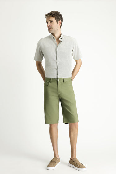  Yağ Yeşili-Olive Regular Fit Pamuklu Bermuda Şort